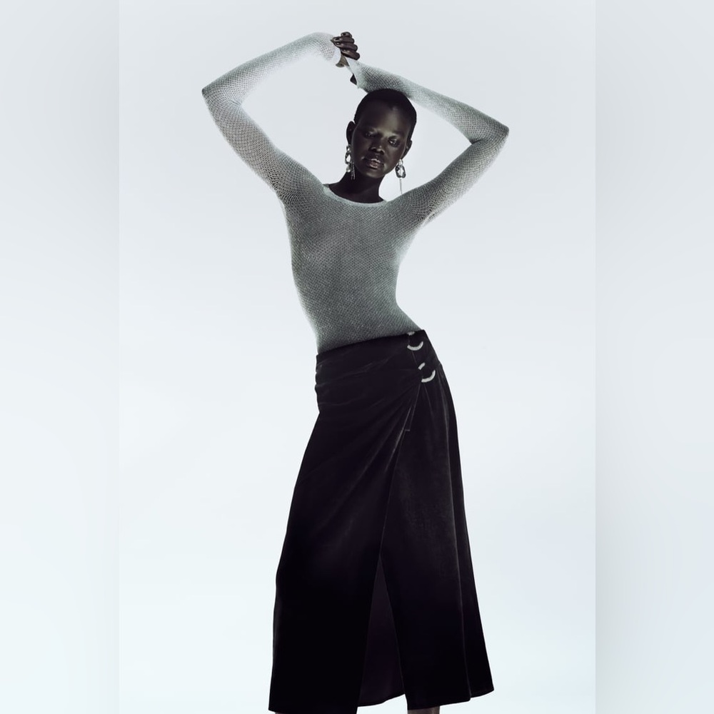 Zara Rhinestone Ring Velvet Midi Skirt